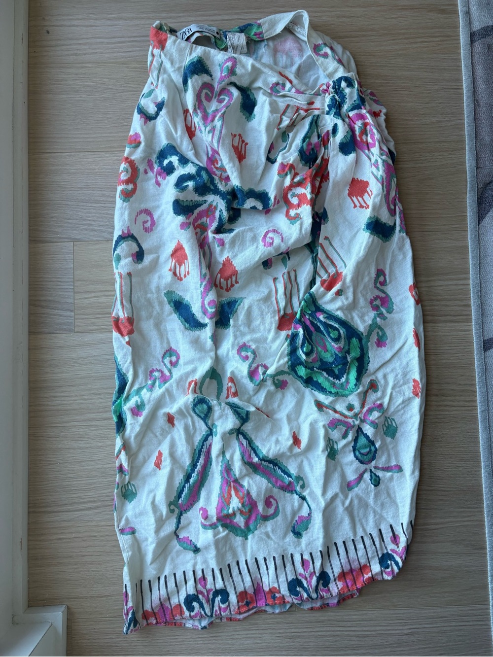 Zara Cream skirt with Teal, Coral & Pink Ikat Print